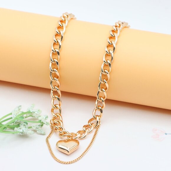 Chunky Yellow Gold Chain Necklace with Heart , XPNL0300 - Picture 1 of 12